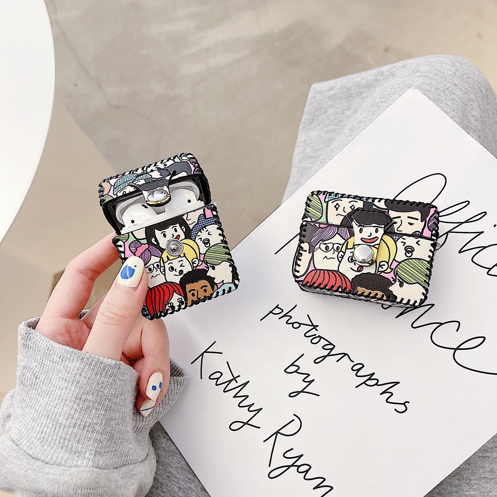 Vỏ Bảo Vệ Hộp Sạc Tai Nghe AirPods 1 2 3 pro2 2022 Bằng Da PU Hình Vuông Họa Tiết Hoạt Hình Sáng Tạo