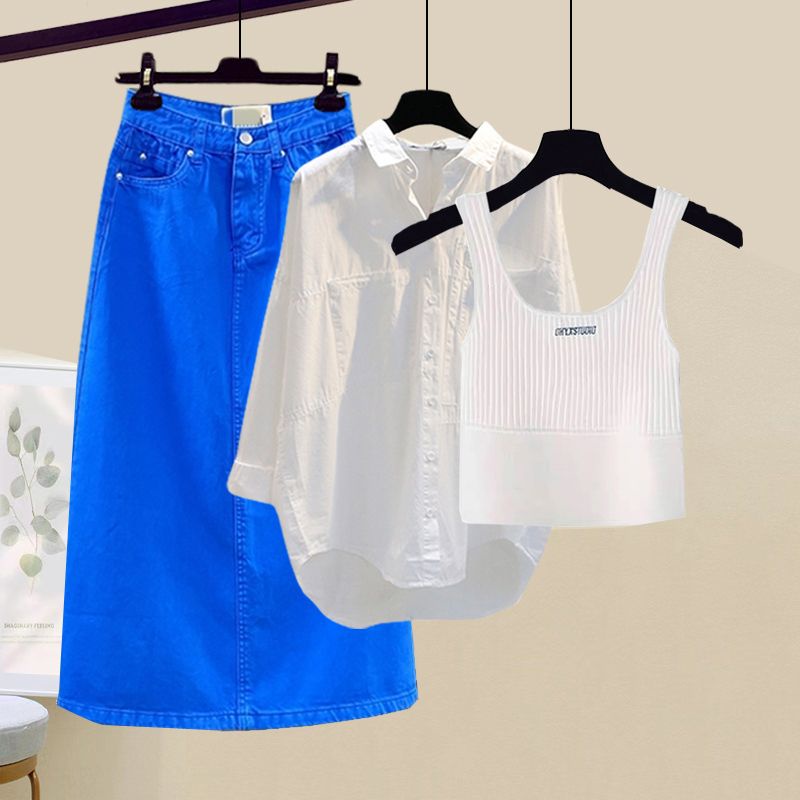 Bộ Áo Sơ Mi Phối Chân Váy Yếm Denim Thời Trang Mùa Xuân 2023 Mới Lạ