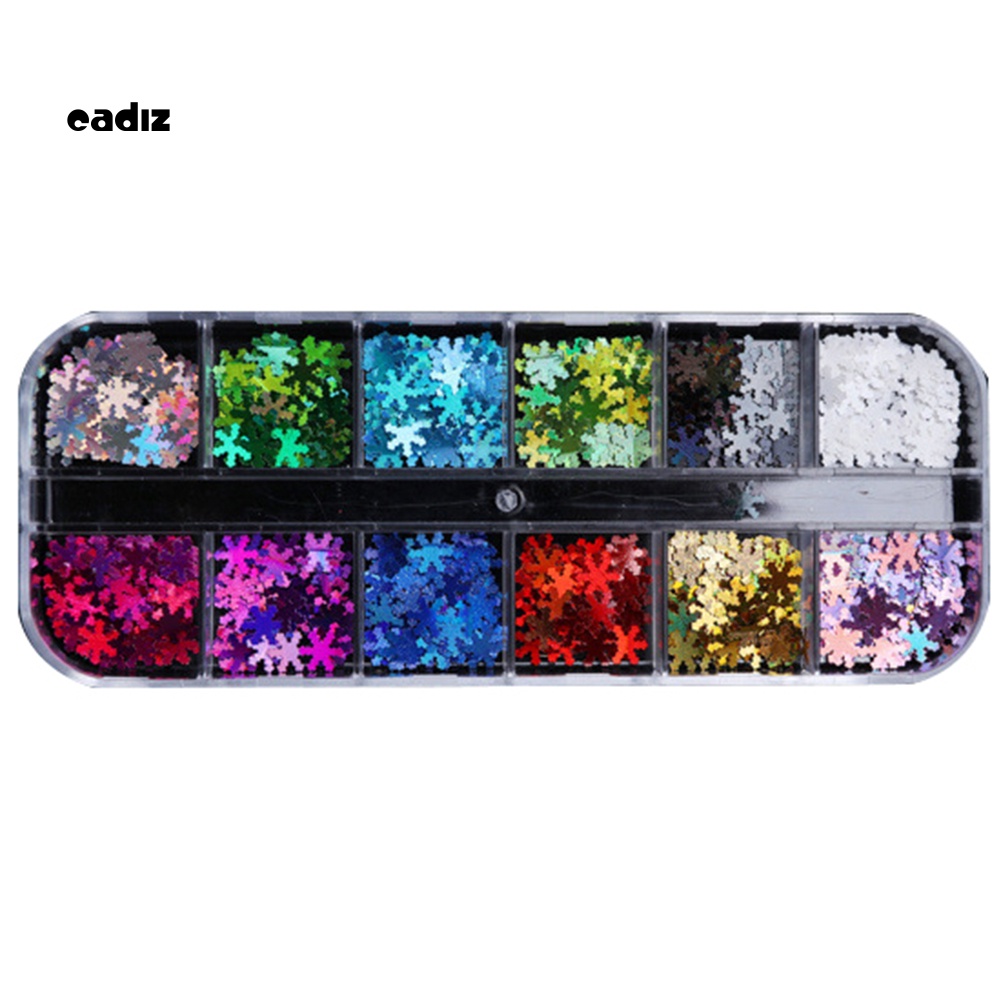 Hộp Kim Tuyến Hình Bông Tuyết 3D 12 Ngăn Nhiều Màu Sắc Trang Trí Móng Tay Nghệ Thuật Giáng Sinh