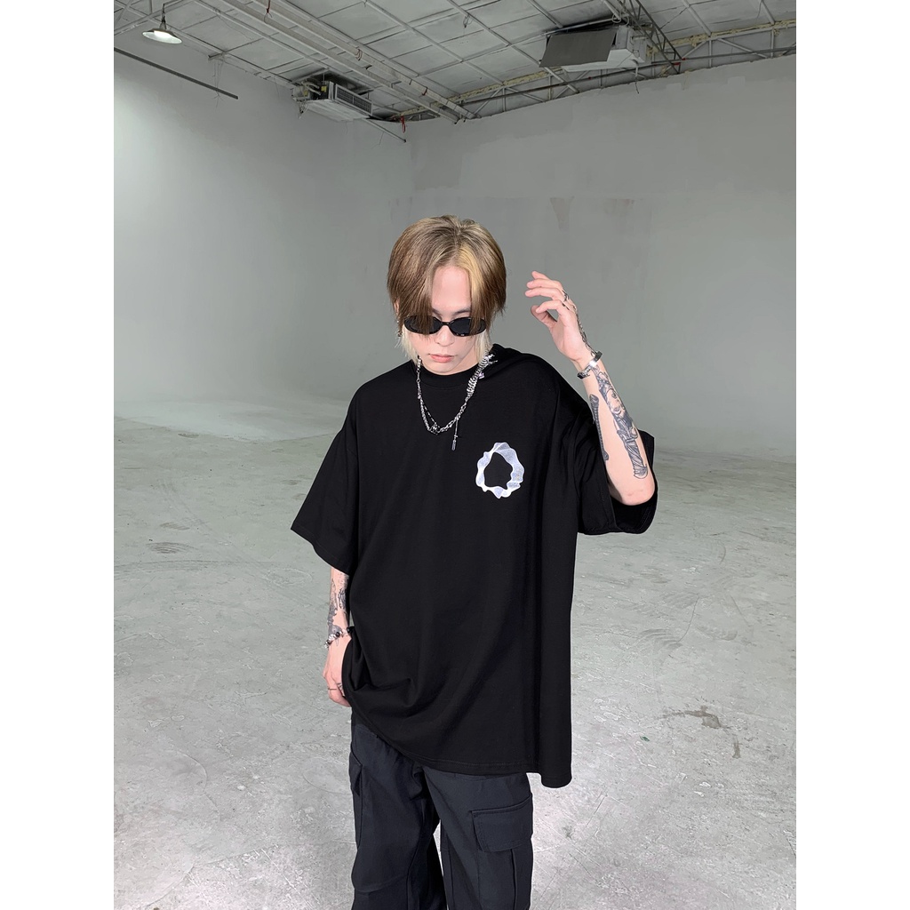 Ông Mr. Mr. Áo Thun Đen Tay Ngắn Dáng Rộng In Họa Tiết Hình Học Đường Phố Mùa Hè