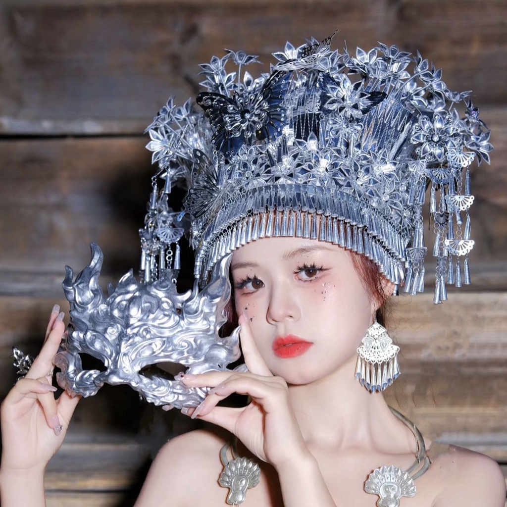 Mũ Đội Đầu Dân Tộc Miao Màu Bạc Phong Cách Dân Tộc Guangxi Yunnan Miao Hàng Mới