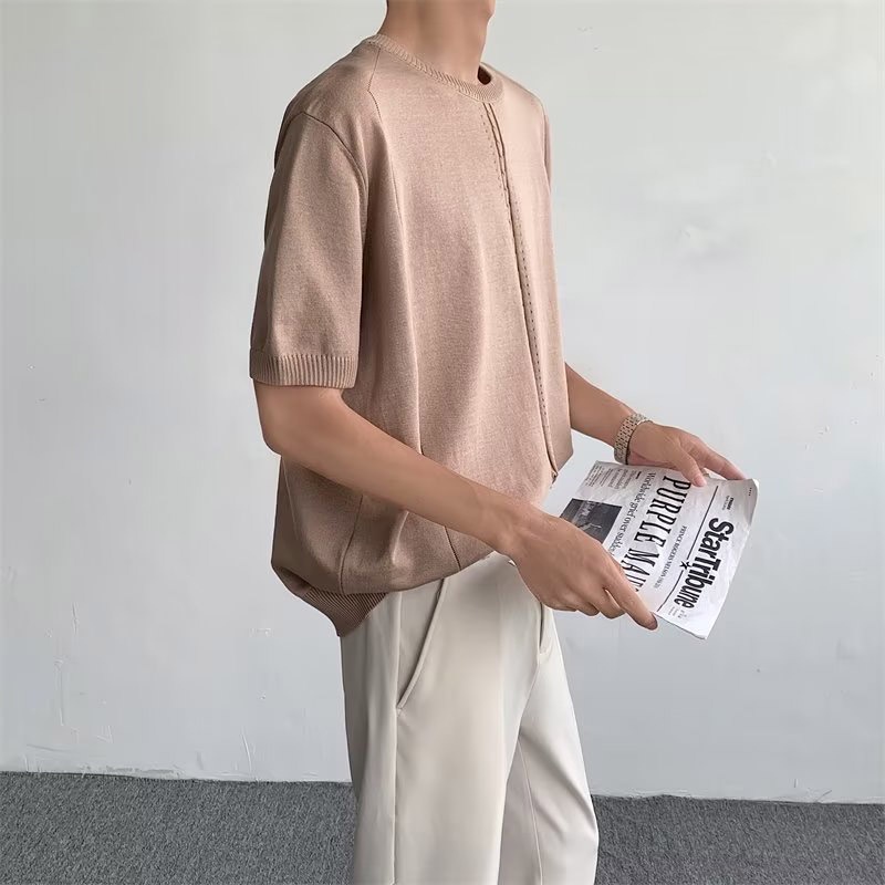 Áo Thun Kaki Dệt Kim Tay Ngắn Dáng Ôm Trọng Lượng Nhẹ 300g Thiết Kế Thoải Mái Thời Trang Đường Phố Cho Nam 5