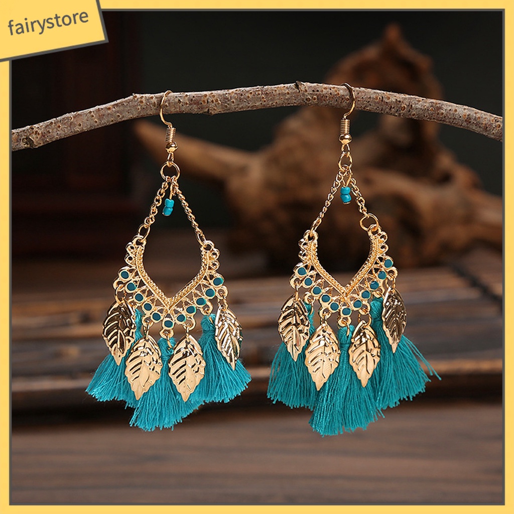 1 Đôi Bông Tai Móc Hình Chiếc Lá Tua Rua Dáng Dài Phong Cách Vintage