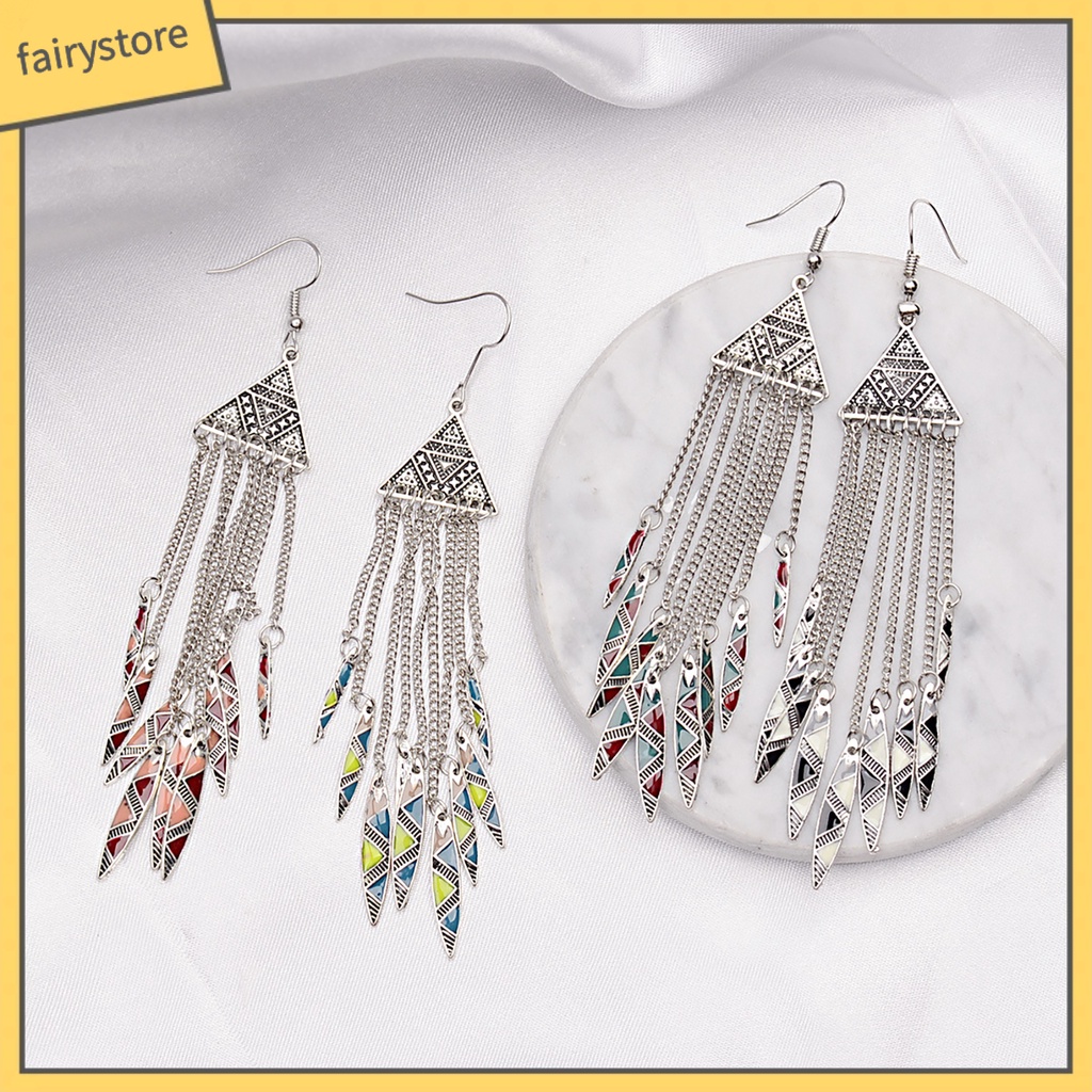 1 Đôi Bông Tai Dáng Dài Mặt Tam Giác Phối Tua Rua Phong Cách Vintage