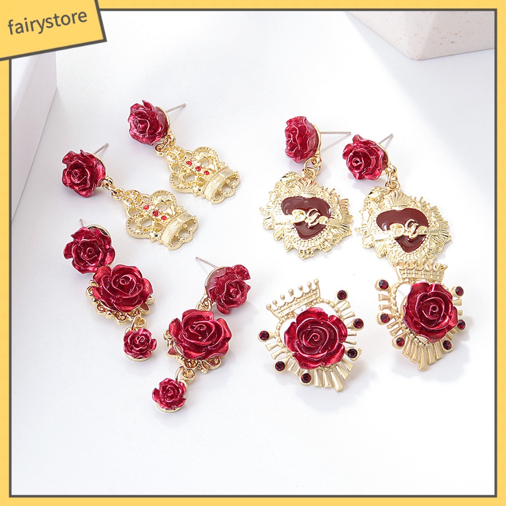1 Đôi Bông Tai Hợp Kim Hình Hoa Hồng Đính Đá Phong Cách Retro