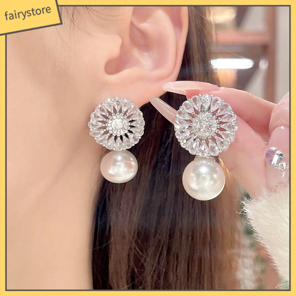 1 Đôi Bông Tai Dáng Dài Đính Đá Zircon Giả Hình Học Đính Ngọc Trai Thời Trang