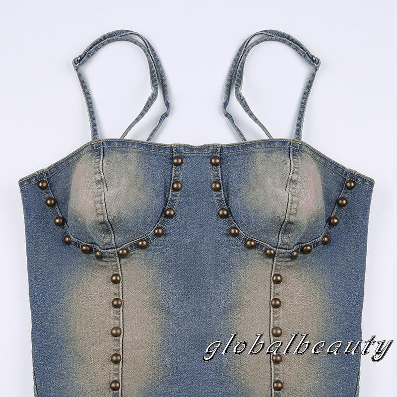 Áo Croptop Denim Hai Dây Phong Cách Retro Thời Trang Mùa Hè Dành Cho Nữ