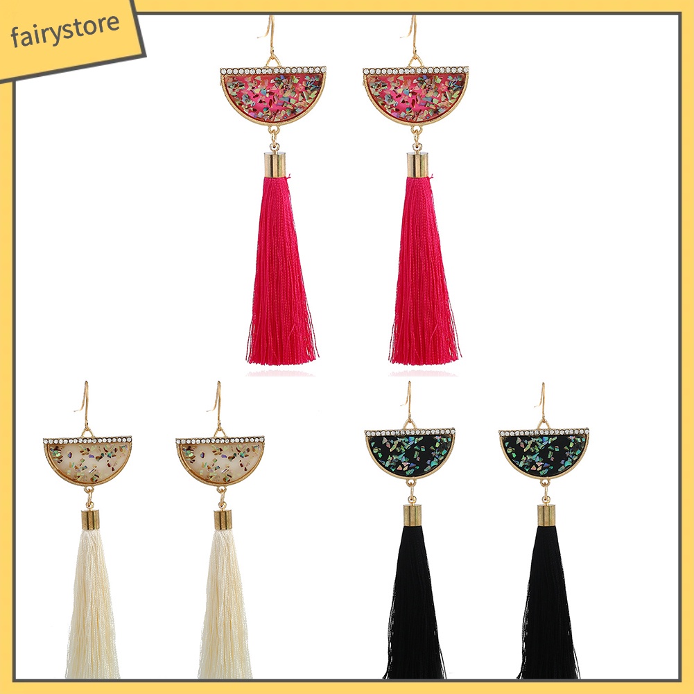 Bông Tai Dáng Dài Đính Đá Phối Tua Rua Hình Quạt Phong Cách Dân Tộc Cổ Điển Thời Trang Cho Nữ