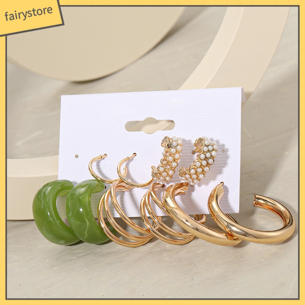 Set 5 Đôi Bông Tai Tròn Bằng Kim Loại Đính Ngọc Trai Nhân Tạo Phong Cách Bohemian