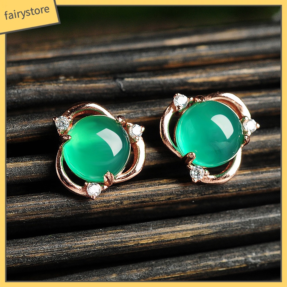 Bông Tai Mạ Bạc Hình Hoa Đính Ngọc Bích Giả Thời Trang Cho Nữ