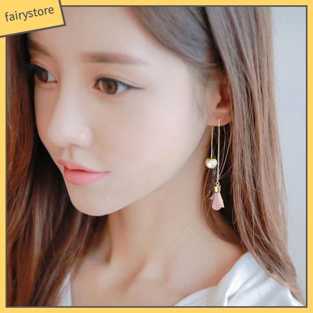 Khuyên Tai Chuỗi Dài Đính Hoa Ngọc Trai Nhân Tạo Thời Trang Cho Nữ