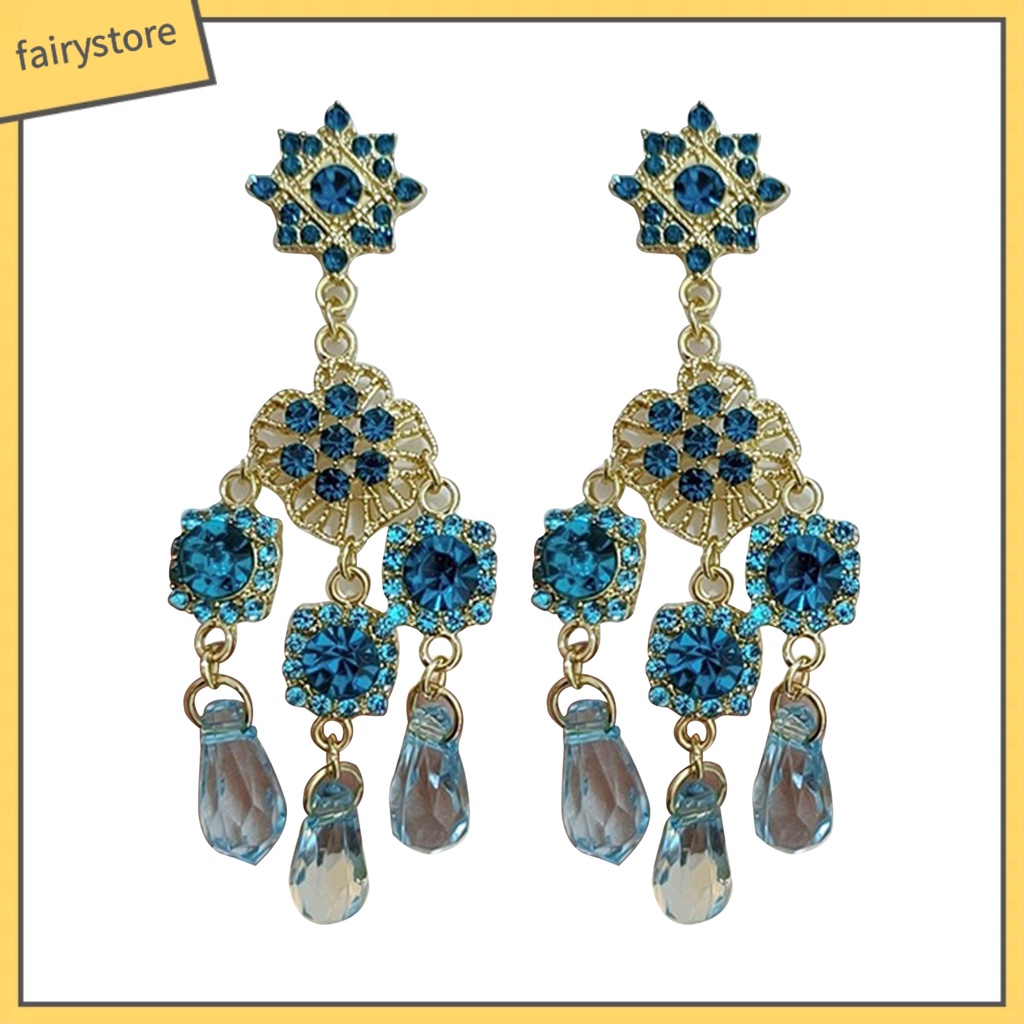 1 Đôi Bông Tai Dáng Dài Đính Pha Lê Xanh Dương Phong Cách Vintage