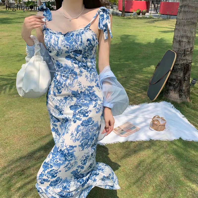 Đầm Chữ A Không Tay Cổ Thắt Nơ Hở Lưng Họa Tiết Hoa Vintage Mùa Hè 2023 Cho Nữ