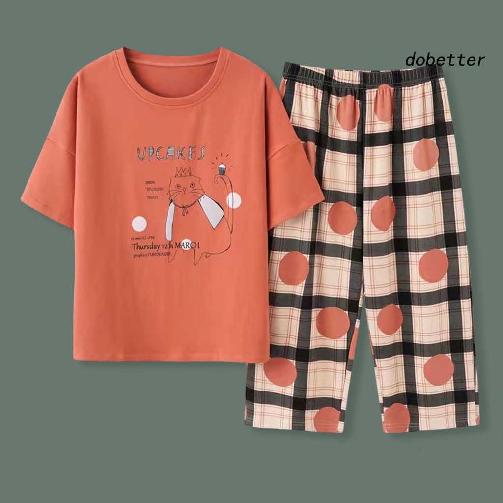 Bộ Đồ Ngủ 2 Món Áo Tay Ngắn Cổ Tròn In Hoạt Hình Phối Quần Lưng Thun Thời Trang Mùa Hè Cho Nữ