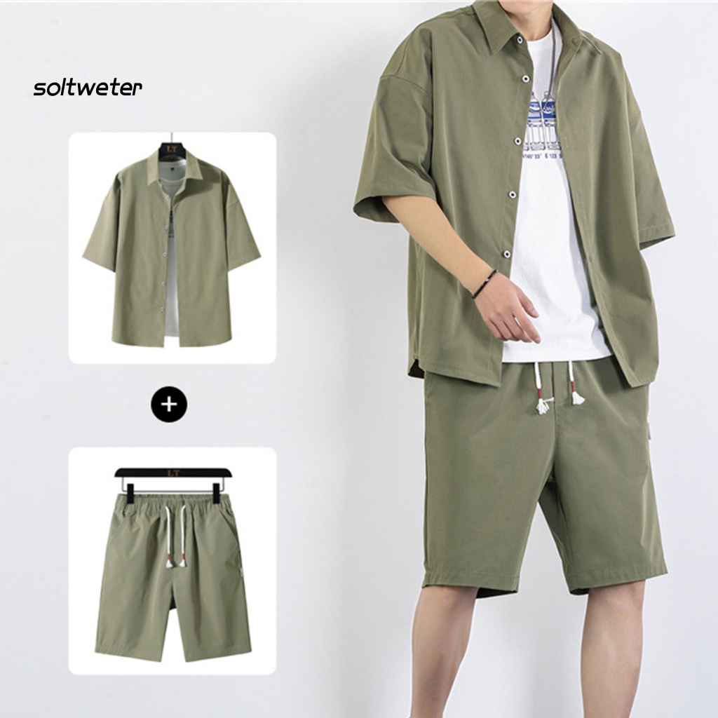 1 Bộ Áo Sơ Mi Màu Trơn Dáng Rộng + Quần Short Phong Cách Thể Thao Thời Trang Mùa Hè Cho Nam