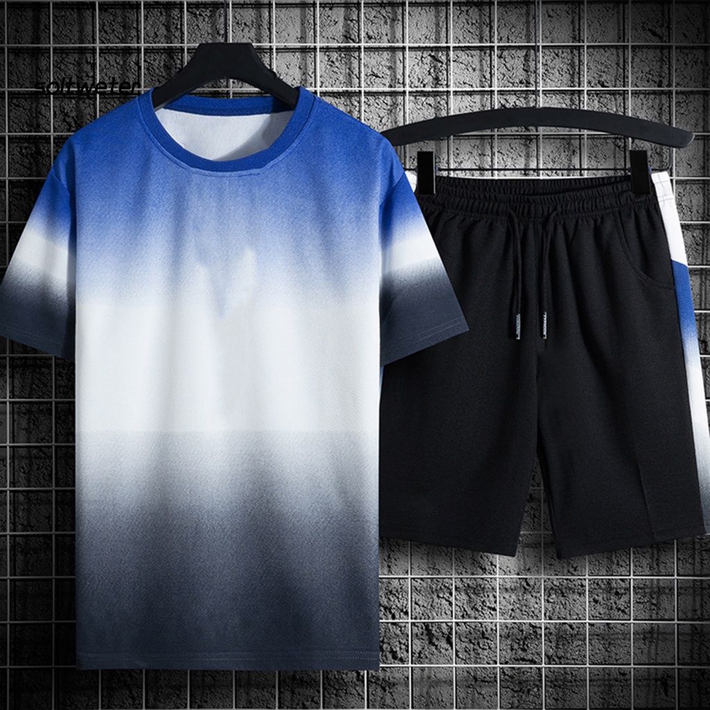 Set Đồ Mùa Hè 2 Món Gồm Áo Thun Cổ Tròn Màu Sắc Gradient + Quần Ngắn Lưng Thun Cho Nam