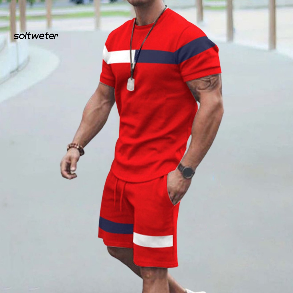 Bộ Đồ Thể Thao 2 Món Áo Thun Cổ Tròn Phối Quần Short Lưng Thun Màu Sắc Tương Phản Thời Trang Mùa Hè Cho Nam