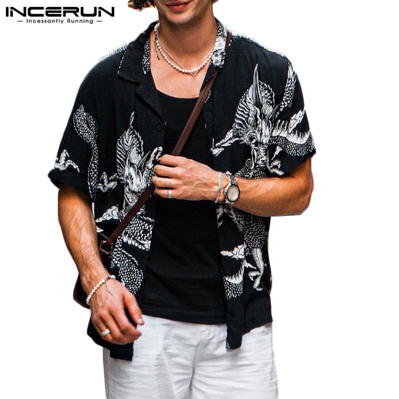 INCERUN Áo Sơ Mi Tay Ngắn In Họa Tiết Rồng Phong Cách Vintage Thời Trang Cho Nam