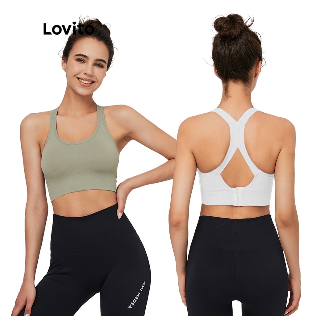 Áo lót Lovito thể thao ôm dáng không gọng thấm hút mồ hôi tốt thoáng khí cổ tròn thời trang L03060 (màu xanh lá/ trắng)