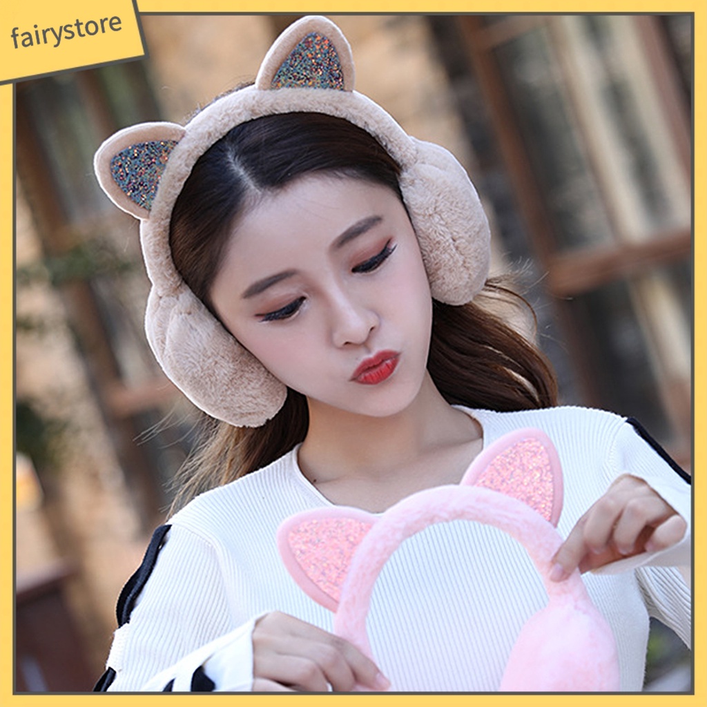 Chụp Tai Giữ Ấm Mùa Đông Hình Tai Mèo Lấp Lánh Cho Nữ