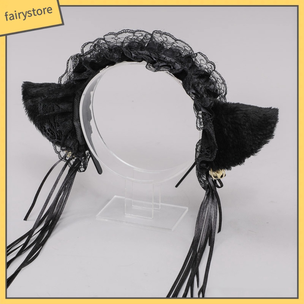 Băng Đô Tai Mèo Phối Ren Tua Rua Phong Cách Gothic Lolita Cho Nữ