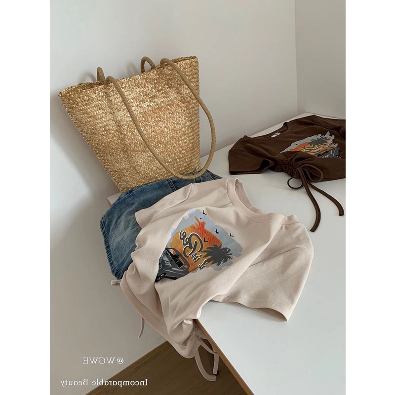 Áo Thun Tay Ngắn Phối Dây Rút In Họa Tiết Phong Cách Retro Mỹ Thời Trang Mùa Hè Cho Nữ