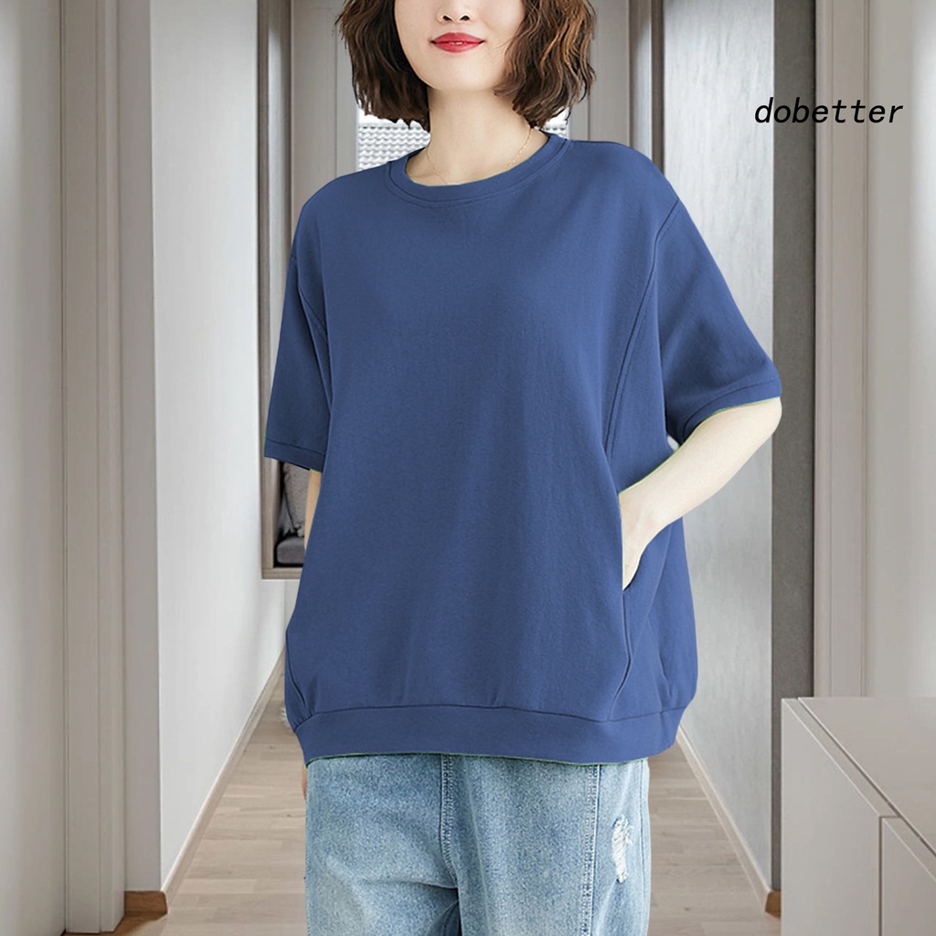 Áo Thun Tay Ngắn Cổ Tròn Hai Túi Dáng Rộng Màu Trơn Thời Trang Mùa Hè Cho Nữ