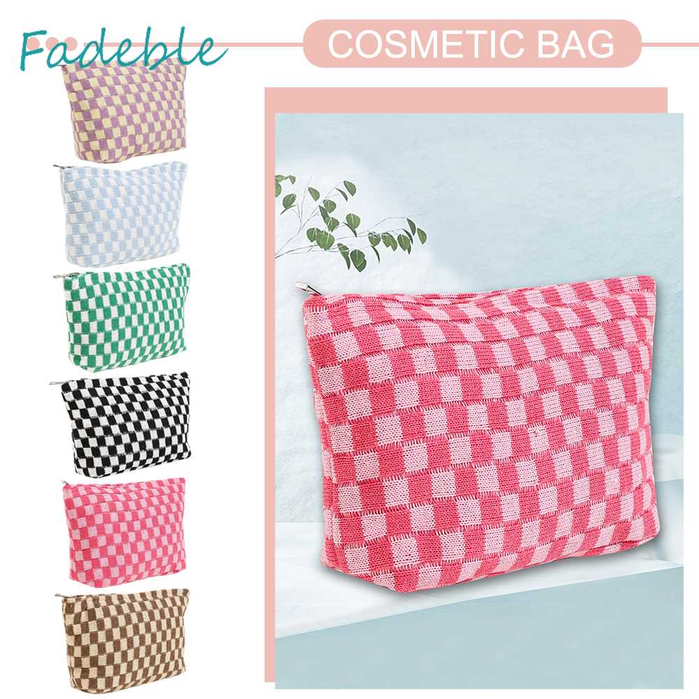 Túi Đựng Mỹ Phẩm Sức Chứa Lớn Họa Tiết Sọc Caro Xinh Xắn Tiện Dụng