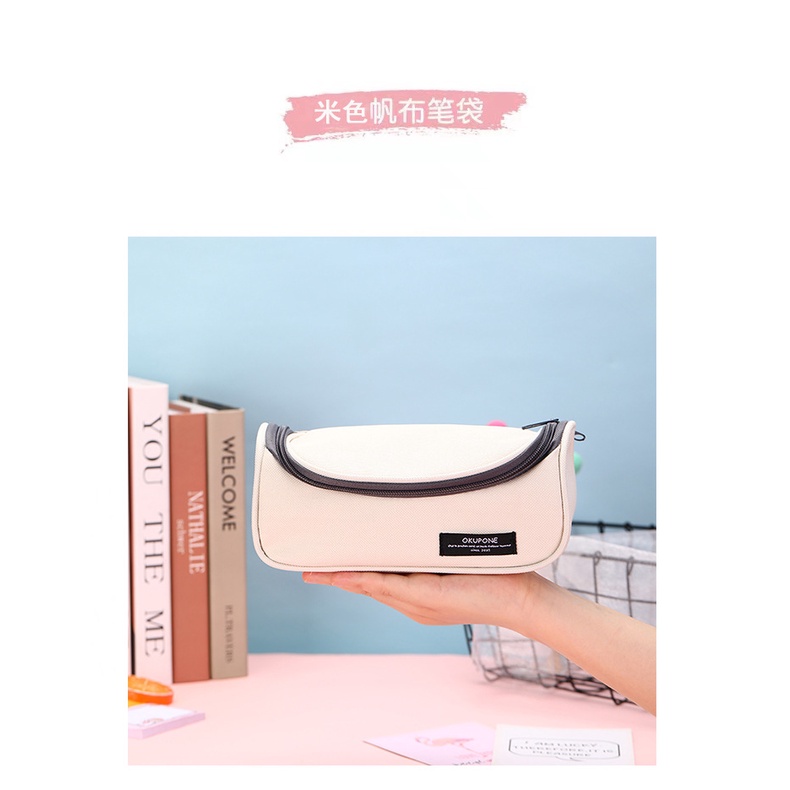 Túi Đựng Bút Bằng Vải canvas Đa Năng Màu Trơn Cỡ Lớn Phong Cách Hàn Quốc