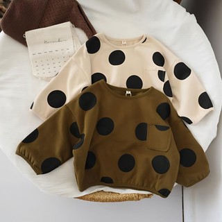 Áo sweater cổ tròn họa tiết chấm bi bằng vải lông dày dặn dễ thương cho bé