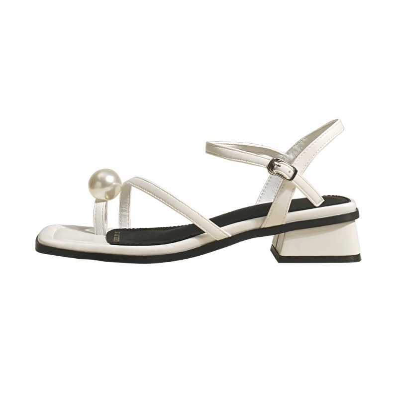 Duoya Tóc Thẳng ~ [Hàng Có Sẵn] [RUODAN] Giày Sandal Gót Dày Phẳng Quai Đính Ngọc Trai Giản Dị Miễn Phí Vận Chuyển