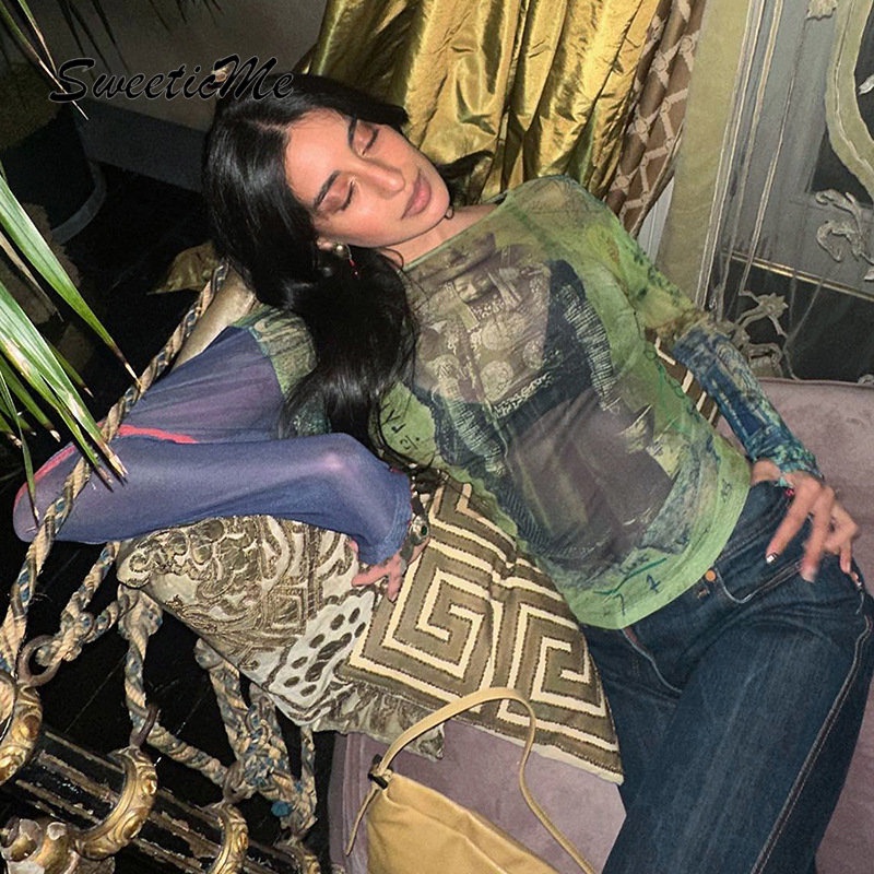 Áo Thun Tay Dài Cổ Tròn In Họa Tiết Màu Tương Phản Thời Trang 2023 Cho Nữ