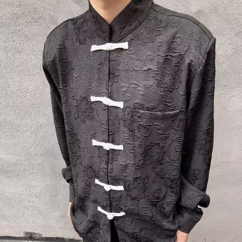 Futureboy / Áo Sơ Mi Đệm Vai Jacquard Tay Dài Thắt Nút Dập Nổi Họa Tiết Trung Hoa Cổ Điển Cao Cấp Dành Cho Nam Nữ