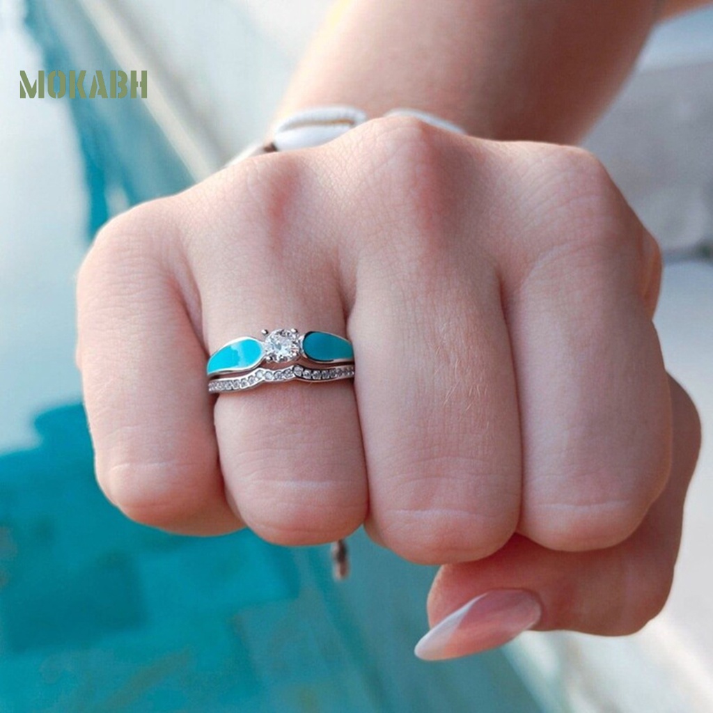 [Mok Abh] Nhẫn Đính Đá Ngọc Lam Giả Hình Sóng Biển Hai Lớp Không Gây Dị Ứng Có Thể Tháo Rời Thời Trang Thanh Lịch Cho Nữ