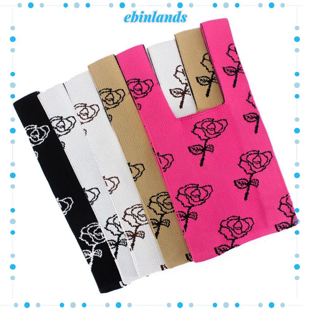 Túi Xách Mua Sắm Đeo Vai Đan Len Họa Tiết Hoa Hồng Thắt Nơ Phong Cách Châu Âu