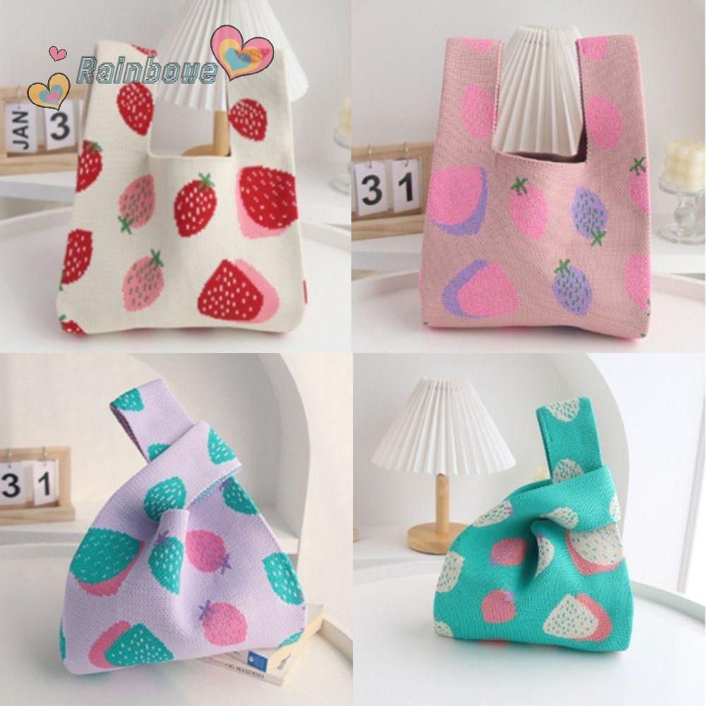 Túi Xách Đan Len Màu Cầu Vồng Họa Tiết Dâu Tây Dễ Thương Cho