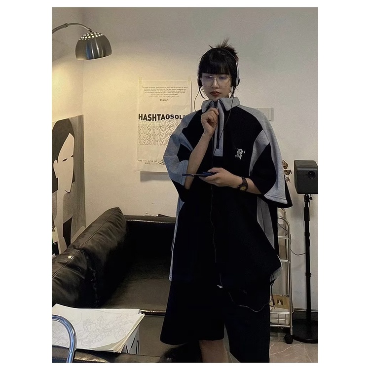 Áo Thun polo Ngắn Tay Dáng Rộng Có Khóa Kéo Màu Sắc Tương Phản Phong Cách Mỹ Thời Trang Mùa Hè Cho Nam