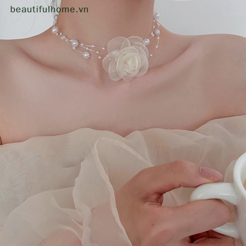 [beautifulhome] Vòng Cổ Choker Ngọc Trai Hoa Trắng Đen Lãng Mạn Mùa Hè Cho Nữ [beauty]