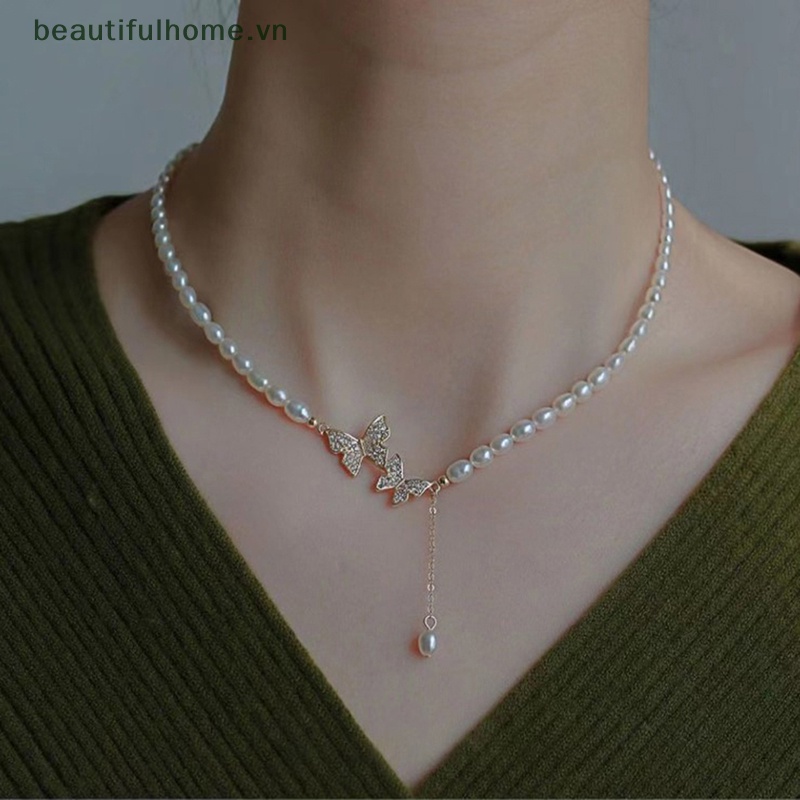 Vòng Cổ Choker Hai Lớp Mặt Hình Bướm Đính Ngọc Trai Giả Màu Trắng Thời Trang Mùa Hè Cho Nữ