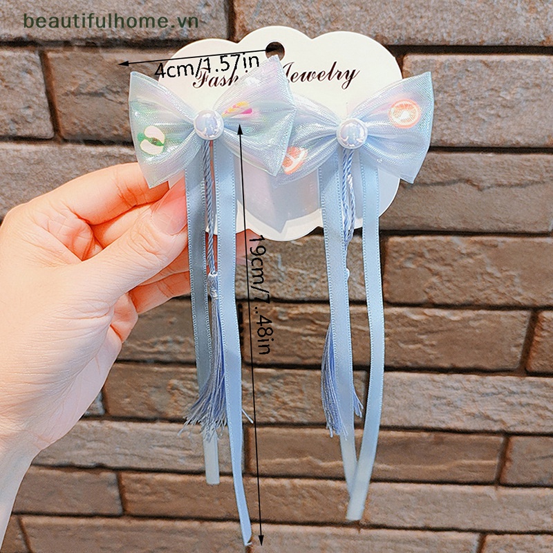 Bộ 2 Kẹp Tóc Nơ Phối Dây Ruy Băng Tua Rua Phong Cách Trung Hoa Dễ Thương Cho Bé Gái