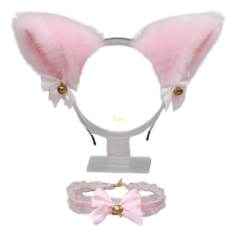 Flgo Vòng cổ Ren Phối Tai Lông Và Chuông Họa Tiết Hoạt Hình Dễ Thương Cho Bé Gái