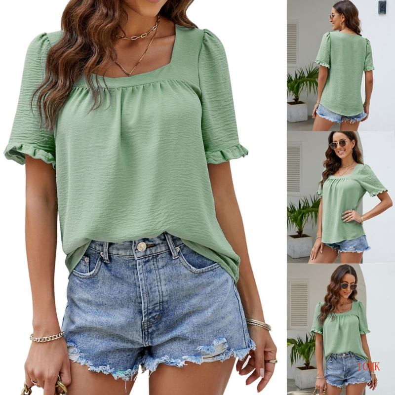 Áo Thun Nữ Cổ Chữ U Dáng Rộng Màu Trơn Kiểu Babydoll Thời Trang Mùa Hè