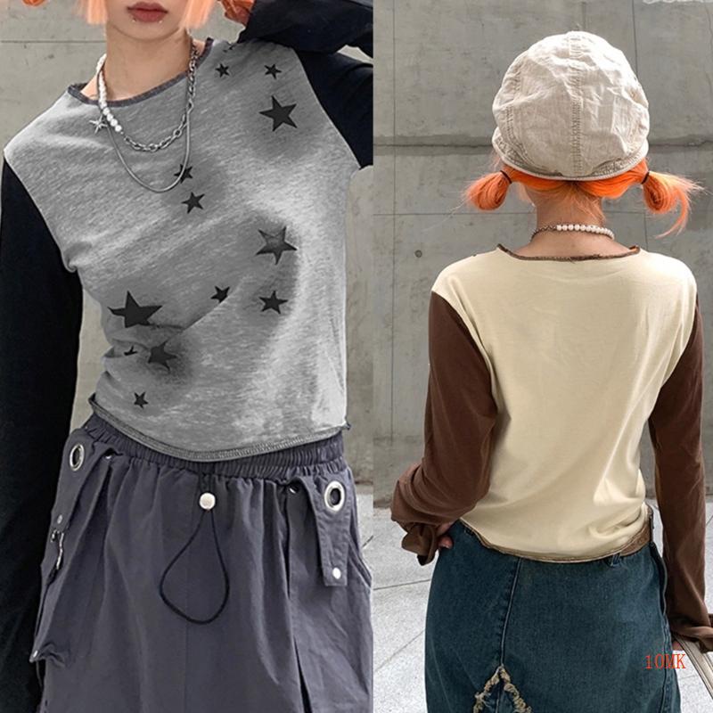 Xiangbao Áo Croptop Tay Dài Dáng Ôm In Họa Tiết Ngôi Sao Phối Màu Phong Cách Punk Cho Nữ