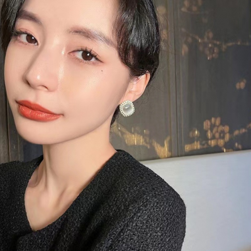 Khuyên Tai Đính Đá Opan Hình Vuông Phong Cách Hàn Quốc Thời Trang