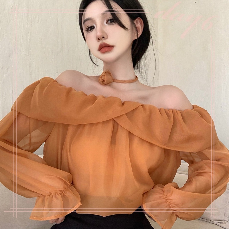 Áo Sơ Mi Chiffon Tay Dài Trễ Vai Dáng Ôm In Họa Tiết Hoa Xinh Xắn Thời Trang Cho Nữ