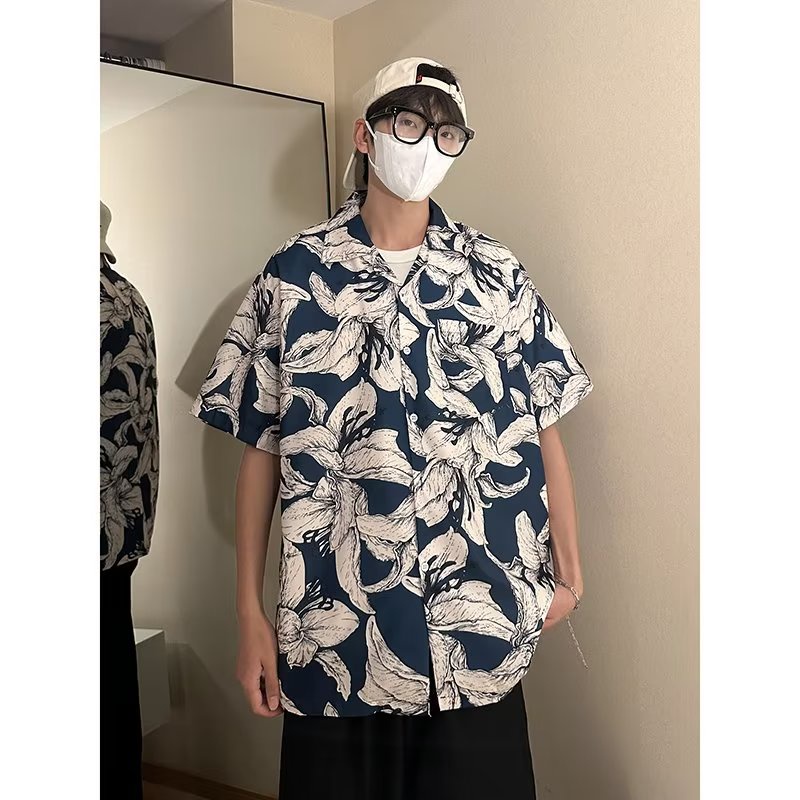 {GRNL} Áo Sơ Mi Tay Ngắn Dáng Rộng Năm Tấc Họa Tiết Vẽ Tay Tự Nhiên Thoáng Khí Retro Cho Nam Và Nữ