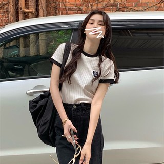 Áo baby tee croptop nữ cotton ngắn tay cổ tròn phối màu Retro vừa vặn phong cách mới mùa hè  Vasing ATCM