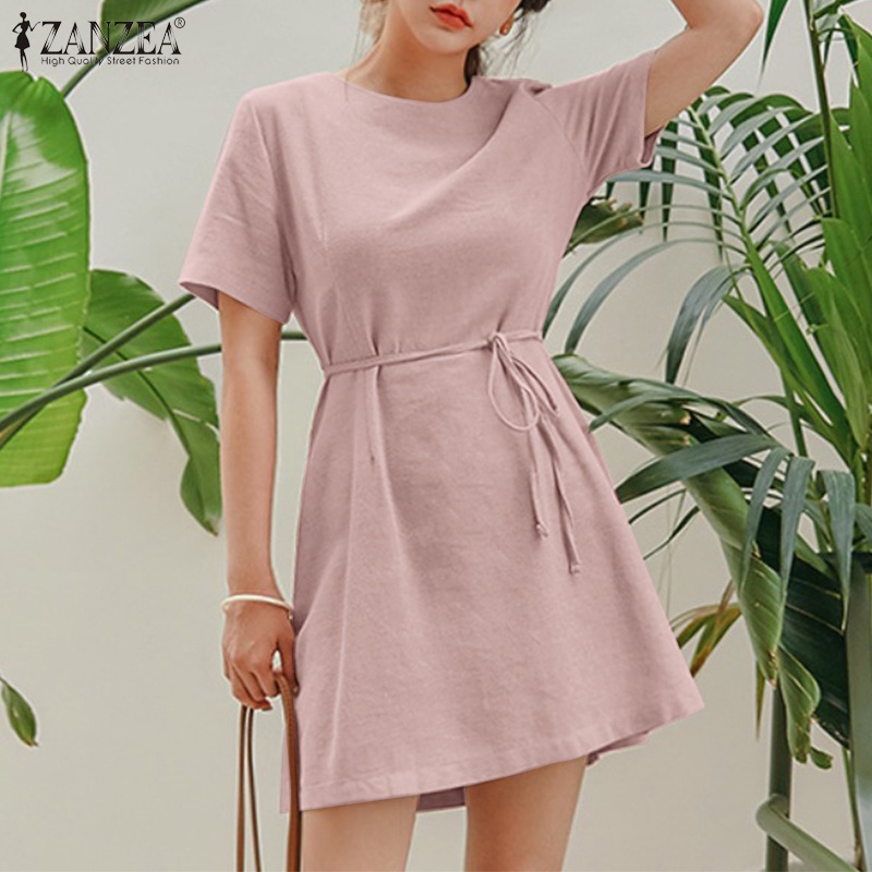 Zanzea Đầm Nữ Ngắn Tay Cổ Tròn Thời Trang Hàn