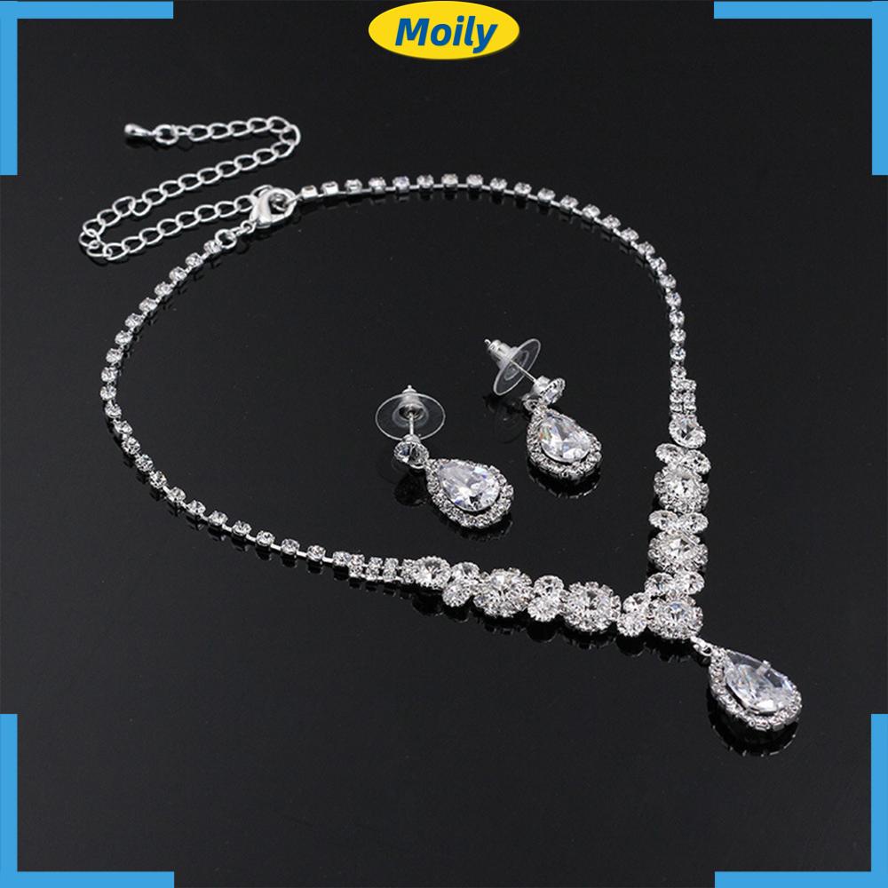 Bộ Vòng cổ + Bông Tai Đính Đá Hình Khối Thời Trang Cho Nữ