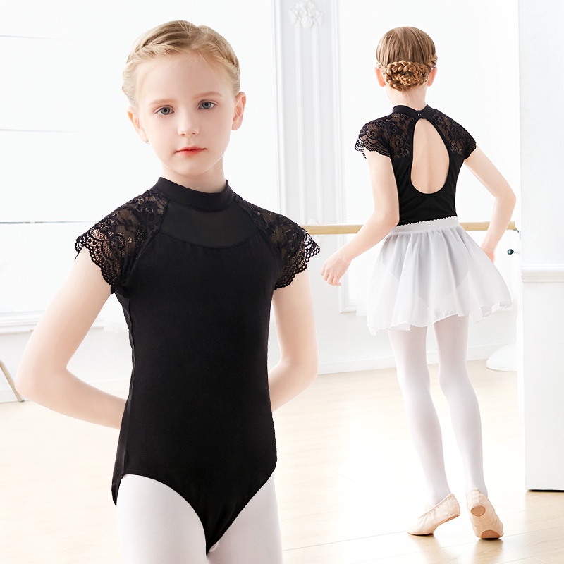 Áo Liền Quần Múa Ba Lê Cổ Đứng Bằng Cotton Phối Ren Rỗng Cho Bé Gái